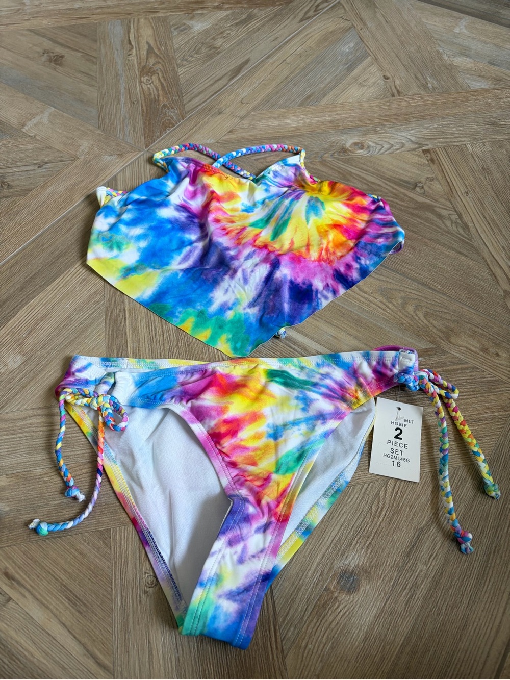 Hobie Flounce Bralette Bikini Top Hipster Bottom Swimsuit Tie Dye Braided Boho